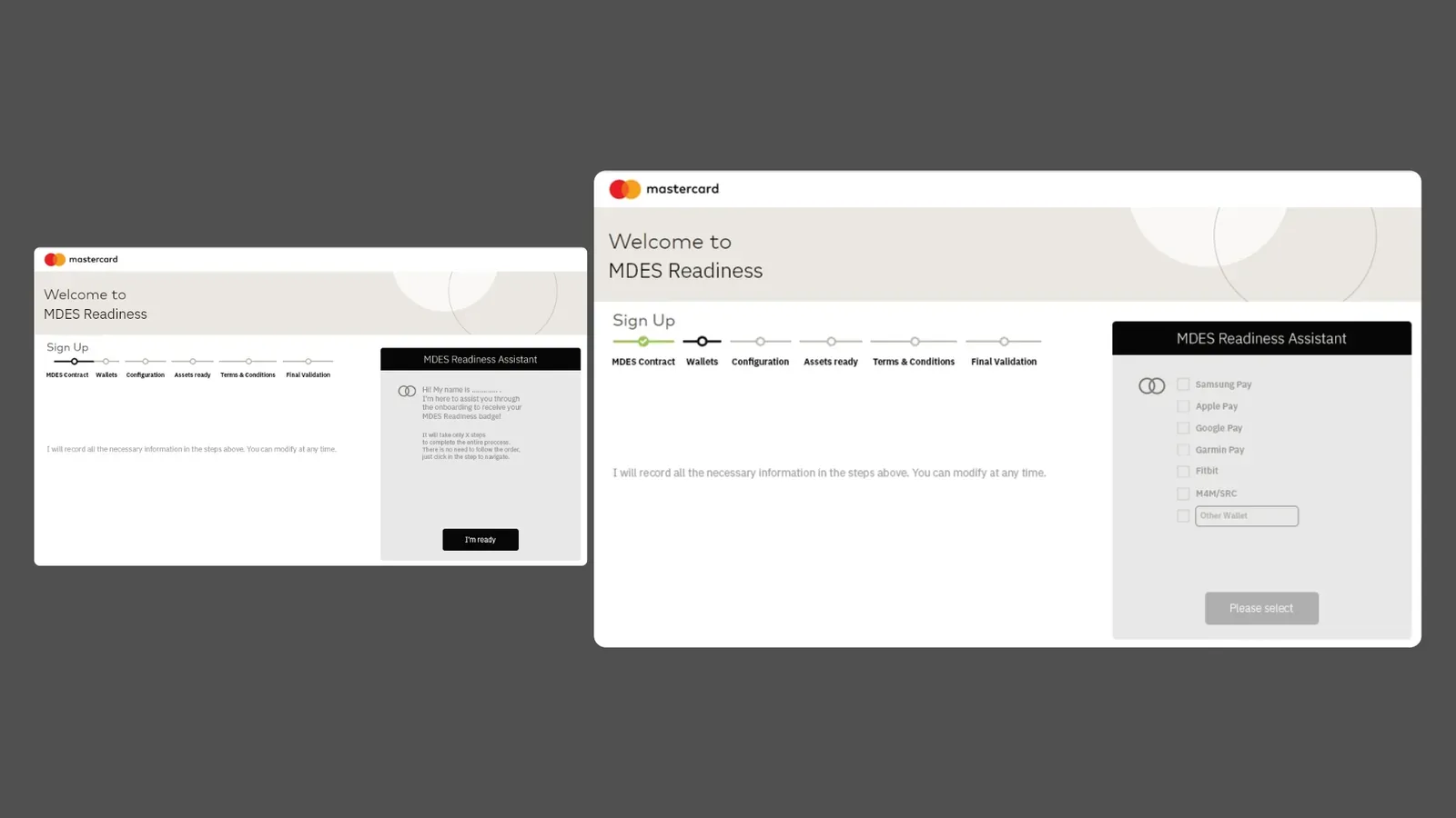 Wireframes iniciais do fluxo guiado de onboarding — cadastro e escolha de carteiras